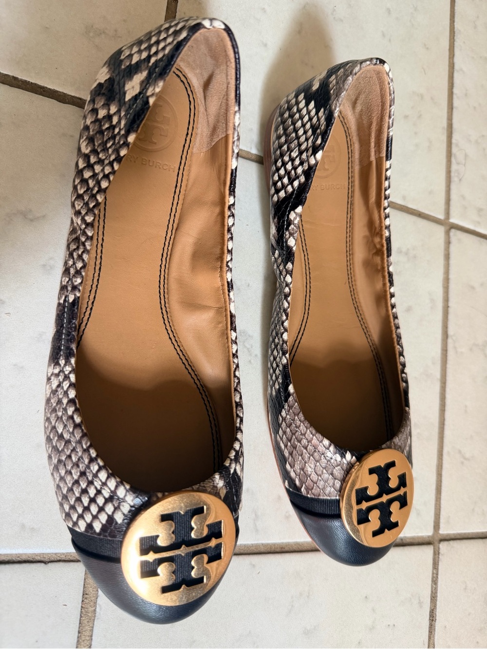 Tory Burch Snake-Print Ballet Flats with Gold Logo Cap